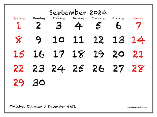 Kalender september 2024, 46SL. Gratis plan for utskrift.