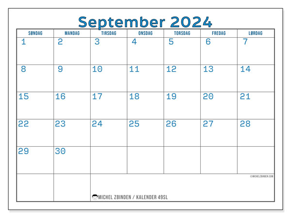 Kalender september 2024, 49SL. Gratis plan for utskrift.