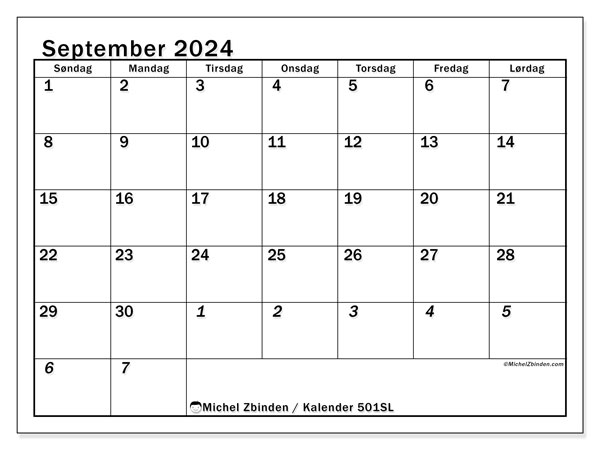 Kalender september 2024, 501SL. Gratis plan for utskrift.