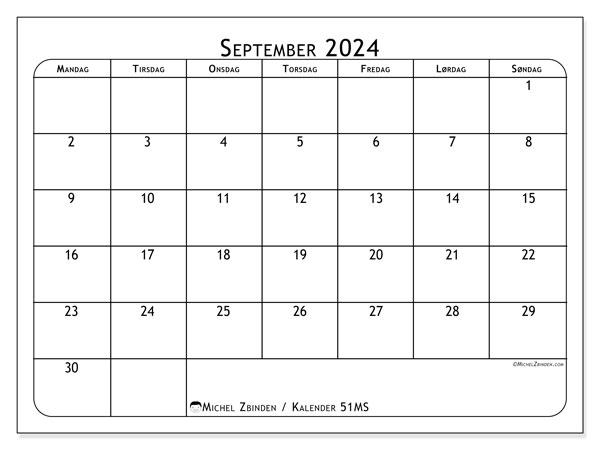 Kalender september 2024, 51SL. Gratis plan for utskrift.