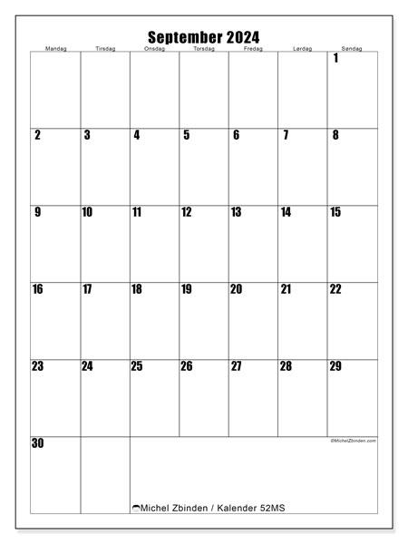 Kalender september 2024, 52MS. Gratis plan for utskrift.
