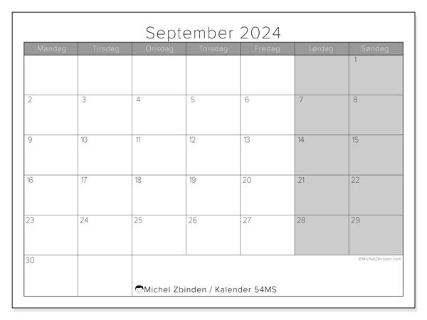 Kalender september 2024, 54SL. Gratis plan for utskrift.