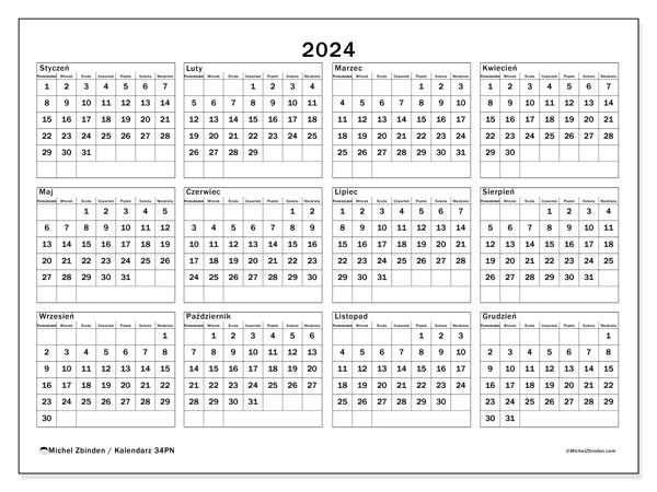 Kalendarze roczne 2024, 34PN. Darmowy kalendarz do druku.