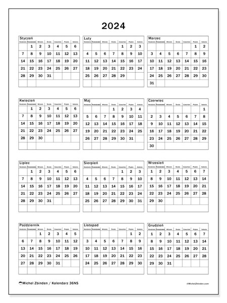 Kalendarze roczne 2024, 36NS. Darmowy kalendarz do druku.