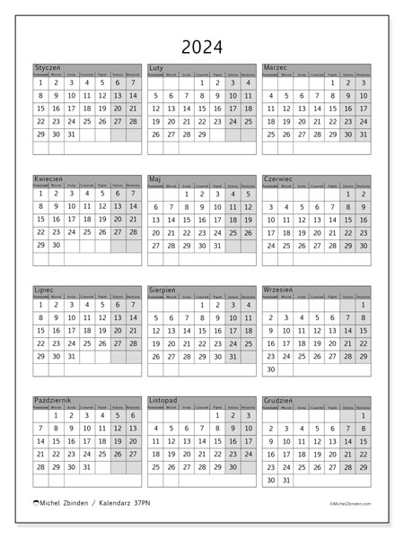 Kalendarze roczne 2024, 37PN. Darmowy kalendarz do druku.