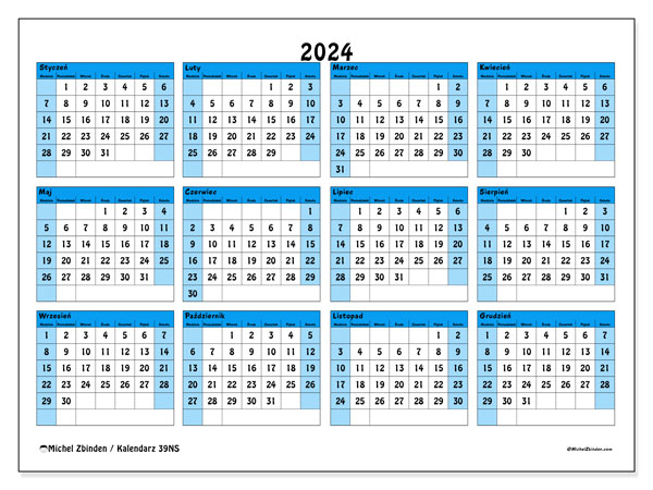Kalendarze roczne 2024, 39NS. Darmowy kalendarz do druku.