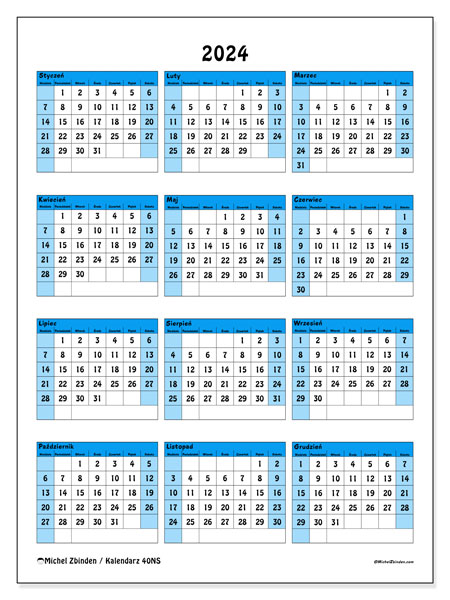 Kalendarze roczne 2024, 40NS. Darmowy kalendarz do druku.