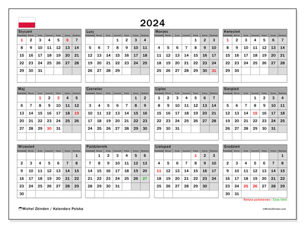 Kalender 2024, Polen (PL). Gratis kalender til print.
