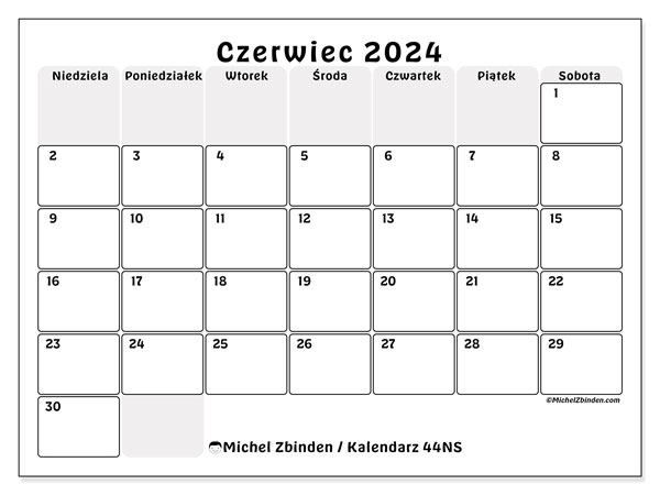 Kalendarz czerwiec 2024, 44NS. Darmowy kalendarz do druku.