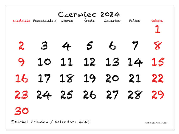 Kalendarz czerwiec 2024, 46NS. Darmowy kalendarz do druku.