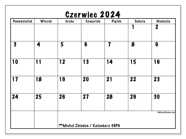 Kalendarz czerwiec 2024, 48PN. Darmowy kalendarz do druku.