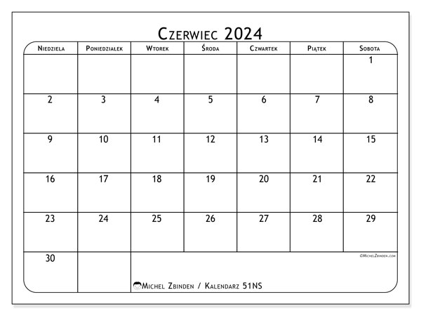 Kalendarz czerwiec 2024, 51NS. Darmowy kalendarz do druku.