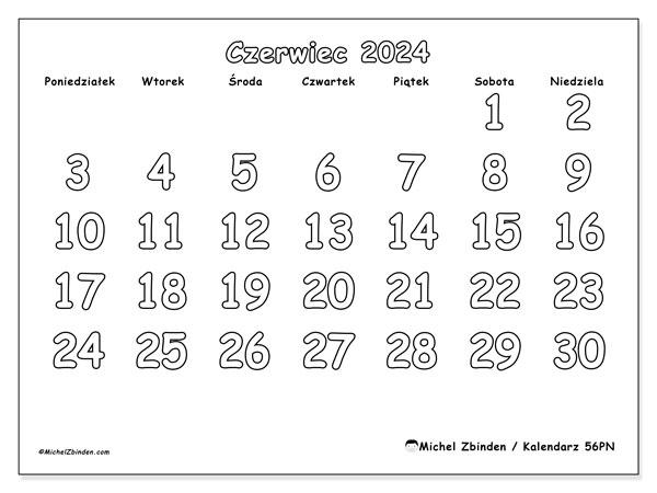 Kalendarz czerwiec 2024, 56NS. Darmowy kalendarz do druku.