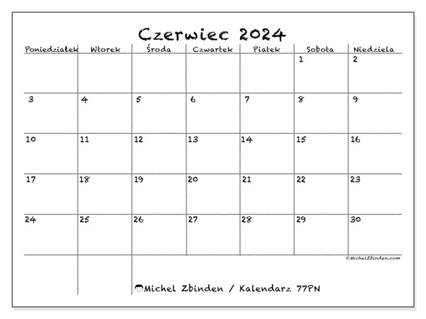 Kalendarz czerwiec 2024, 77PN. Darmowy kalendarz do druku.