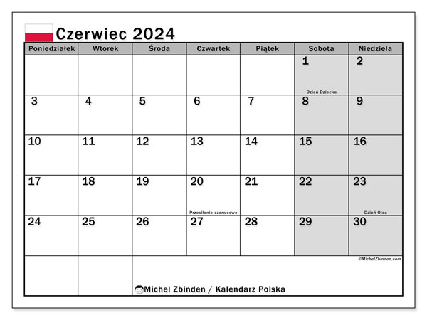 Kalendarz czerwiec 2024 “Polska”. Darmowy program do druku.. Od poniedziałku do niedzieli