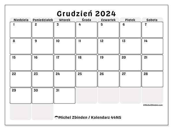 Kalendarz grudzień 2024, 44NS. Darmowy plan do druku.