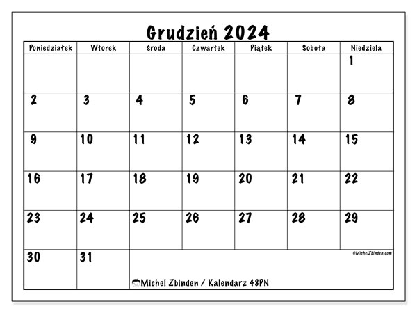 Kalendarz grudzień 2024, 48PN. Darmowy program do druku.