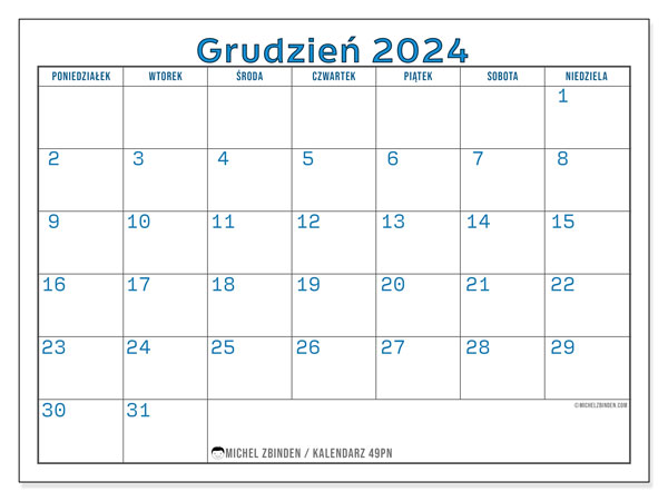 Kalendarz grudzień 2024, 49NS. Darmowy program do druku.
