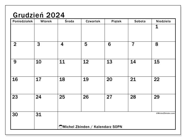 Kalendarz grudzień 2024, 50PN. Darmowy plan do druku.