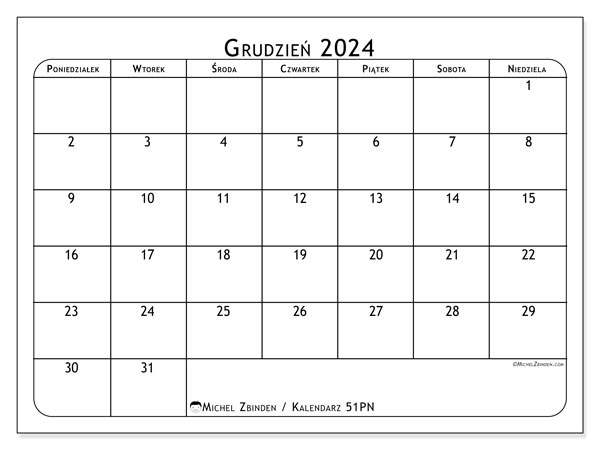 Kalendarz grudzień 2024, 51NS. Darmowy plan do druku.