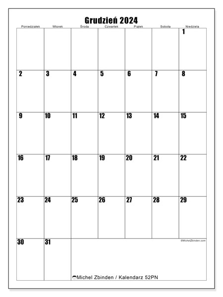Kalendarz grudzień 2024, 52PN. Darmowy program do druku.