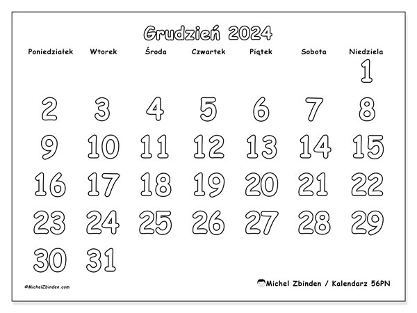 Kalendarz grudzień 2024, 56NS. Darmowy plan do druku.