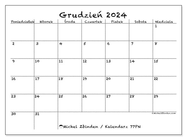 Kalendarz grudzień 2024, 77PN. Darmowy program do druku.