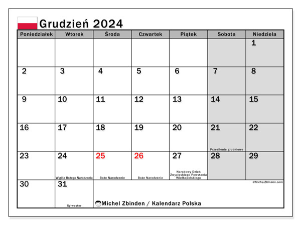 Kalender december 2024, Polen (PL). Schema för gratis utskrift.