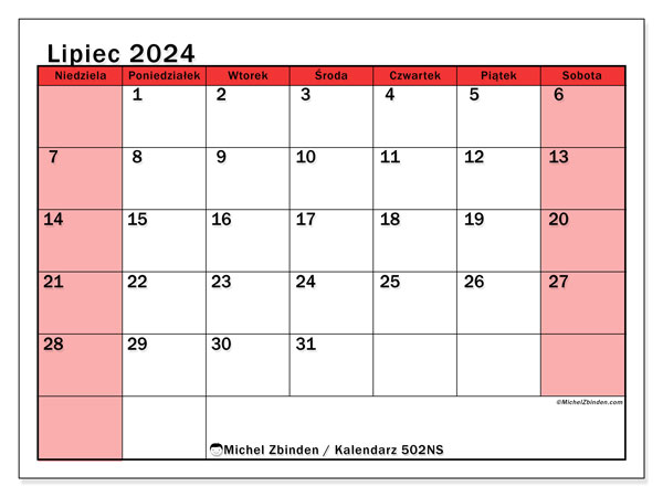 Kalendarz lipiec 2024 “502”. Darmowy dziennik do druku.. Od niedzieli do soboty