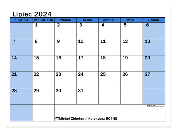Kalendarz lipiec 2024, 504NS. Darmowy terminarz do druku.