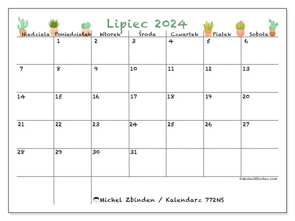 Kalendarz lipiec 2024 “772”. Darmowy program do druku.. Od niedzieli do soboty
