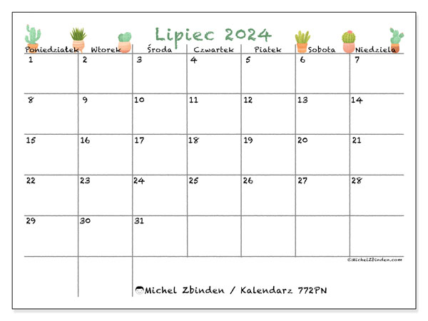 Kalendarz lipiec 2024 “772”. Darmowy program do druku.. Od poniedziałku do niedzieli