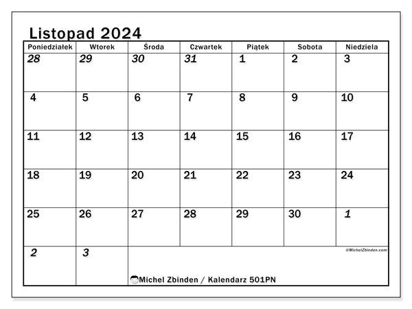 Kalendarz listopad 2024, 501NS. Darmowy terminarz do druku.