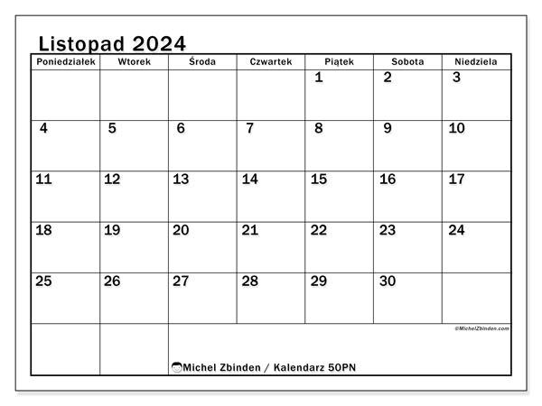 Kalendarz listopad 2024, 50PN. Darmowy terminarz do druku.