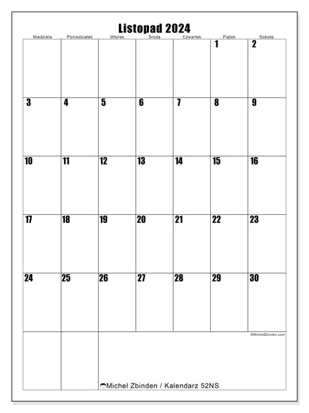Kalendarz listopad 2024, 52NS. Darmowy terminarz do druku.