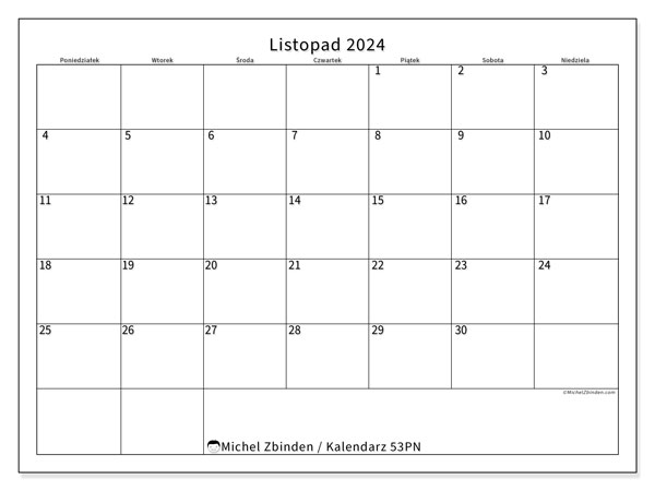 Kalendarz listopad 2024, 53PN. Darmowy terminarz do druku.