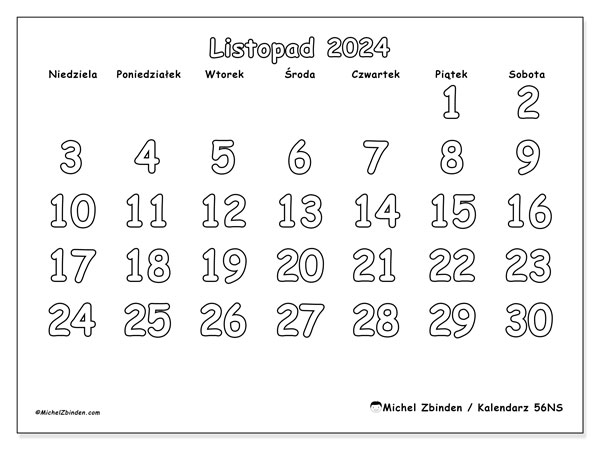 Kalendarz listopad 2024, 56NS. Darmowy terminarz do druku.