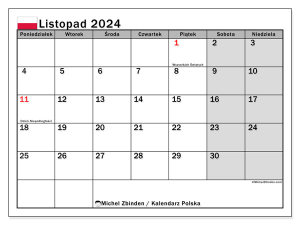 Kalendarz listopad 2024 “Polska”. Darmowy kalendarz do druku.. Od poniedziałku do niedzieli