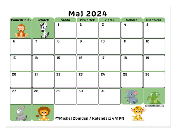 Kalendarz maj 2024, 441PN. Darmowy kalendarz do druku.
