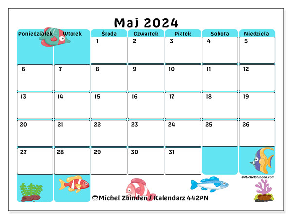 Kalendarz maj 2024, 442PN. Darmowy kalendarz do druku.