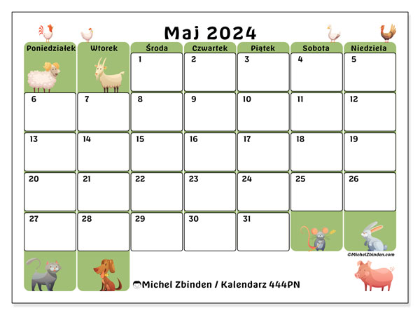 Kalendarz maj 2024, 444PN. Darmowy kalendarz do druku.
