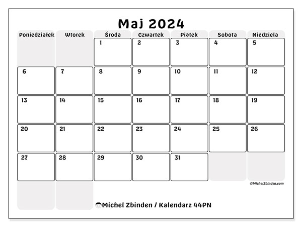 Kalendarz maj 2024, 44NS. Darmowy kalendarz do druku.
