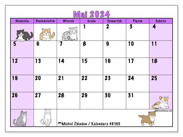 Kalendarz maj 2024 “481”. Darmowy dziennik do druku.. Od niedzieli do soboty