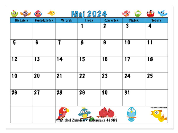 Kalendarz maj 2024, 483NS. Darmowy kalendarz do druku.