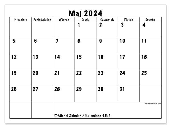 Kalendarz maj 2024 “48”. Darmowy kalendarz do druku.. Od niedzieli do soboty