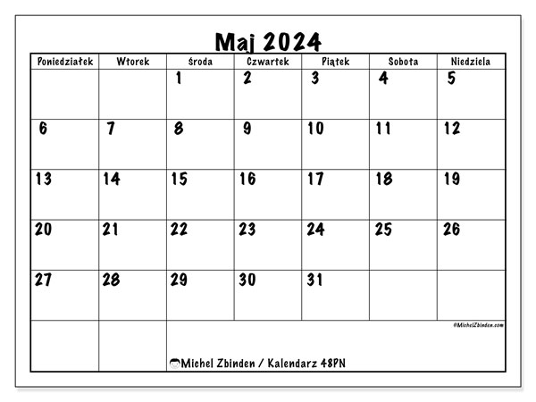 Kalendarz maj 2024 “48”. Darmowy kalendarz do druku.. Od poniedziałku do niedzieli