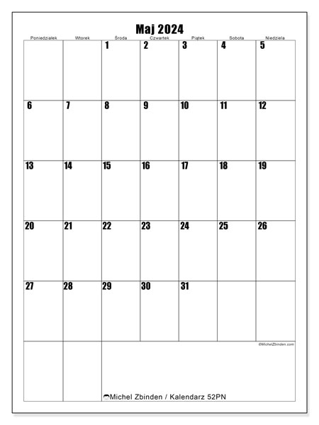 Kalendarz maj 2024, 52PN. Darmowy kalendarz do druku.