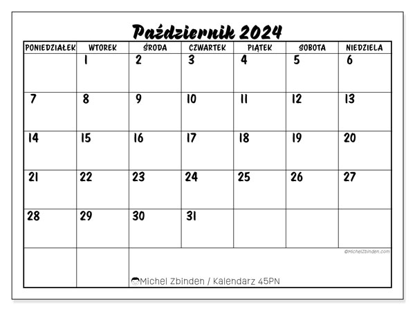 Kalendarz październik 2024, 45PN. Darmowy terminarz do druku.