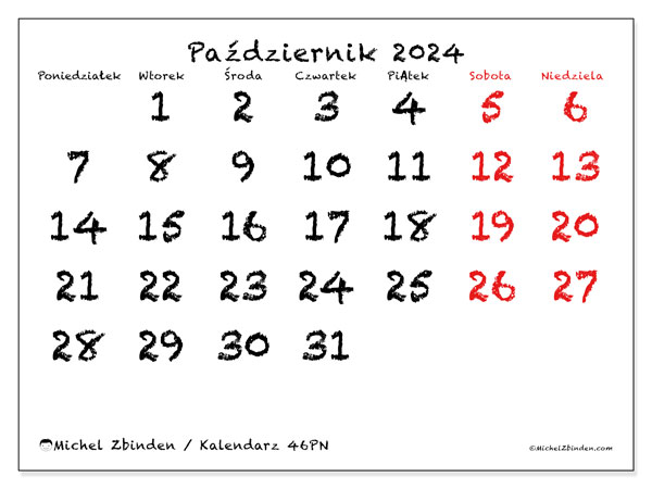 Kalendarz październik 2024, 46PN. Darmowy terminarz do druku.