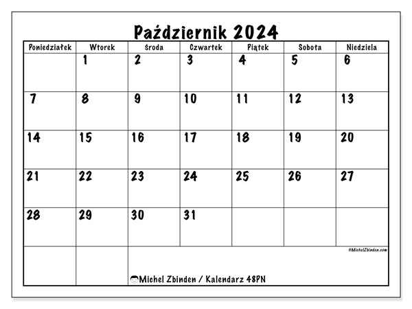 Kalendarz październik 2024, 48PN. Darmowy terminarz do druku.